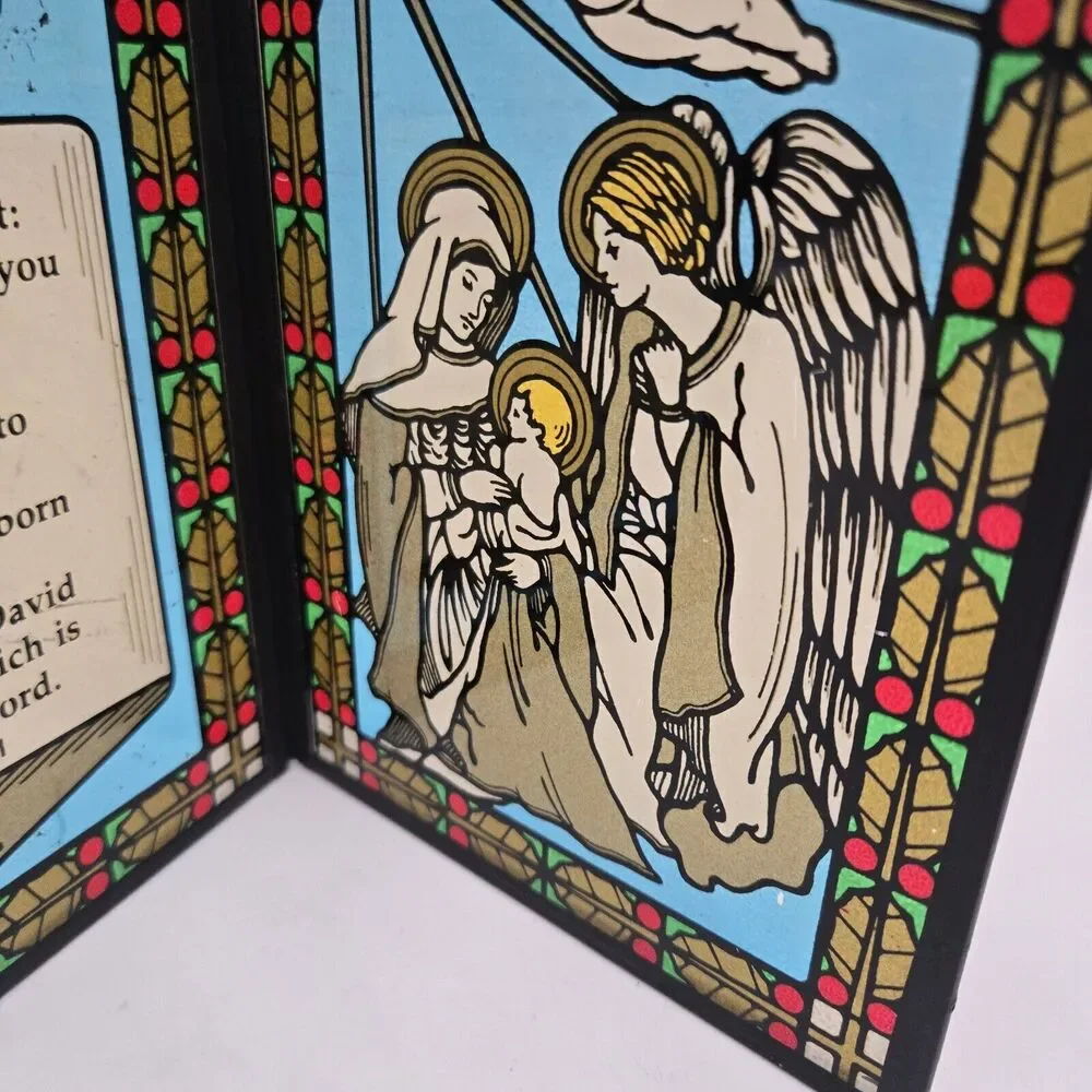 Christmas Nativity Glass Bifold 2 Panels Angels Verses from Luke Reverse Painted